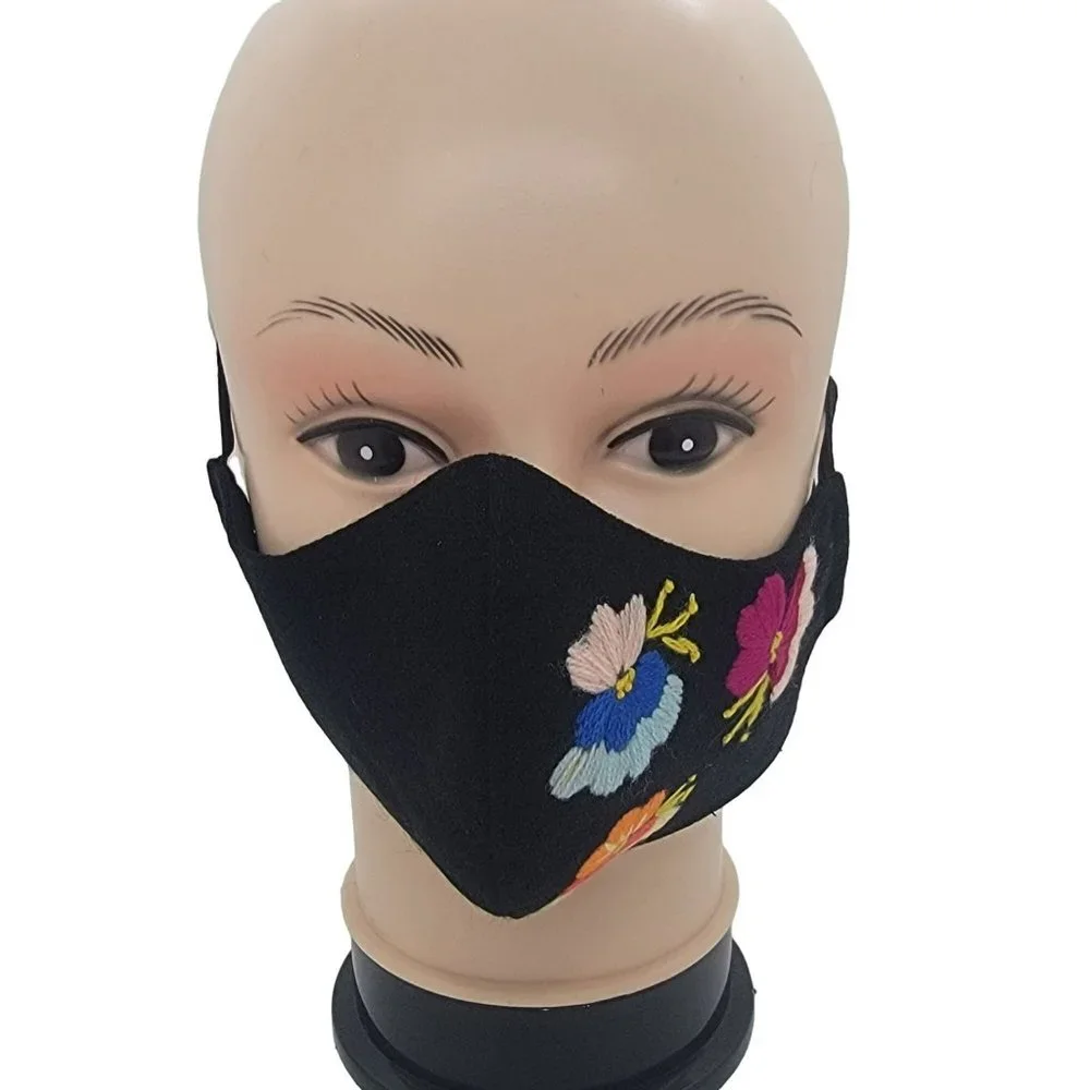 New Cover Face ear loop Women Black Mask Embroidered handmade big Flowers roses